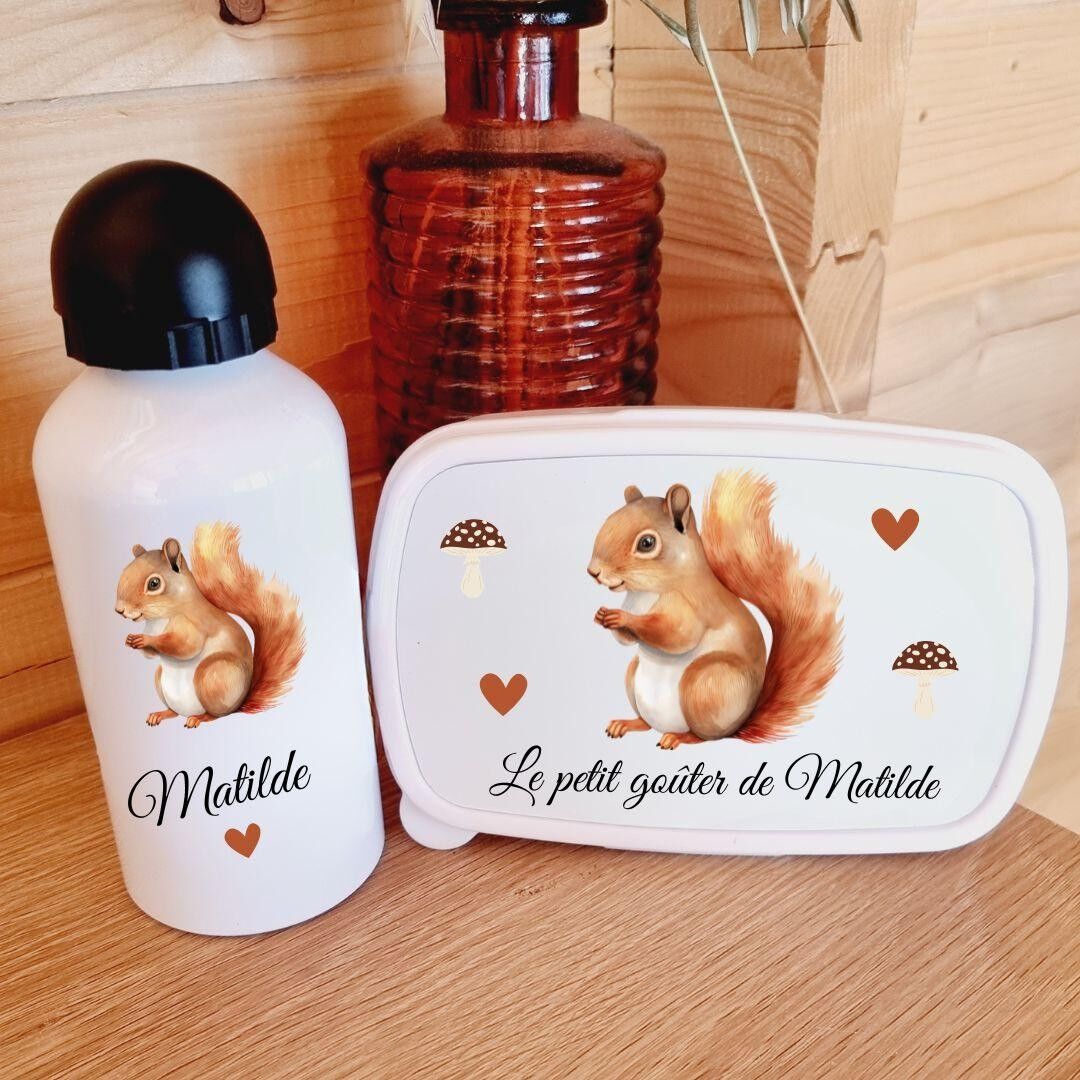 Graziosa scatola per snack e bottiglia d'acqua a forma di scoiattolo