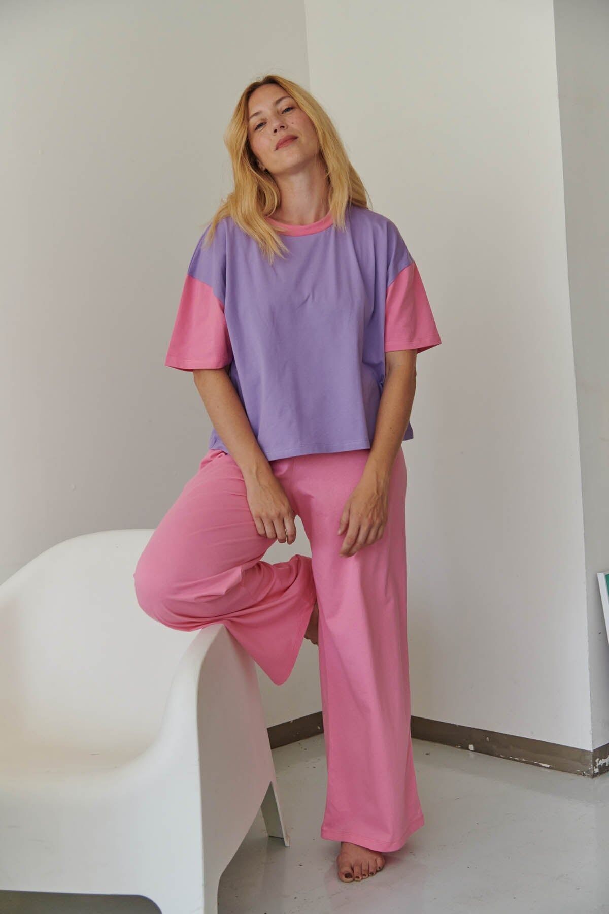 Long Organic Cotton Pajamas - Colorblock Pink