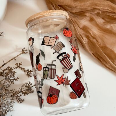 Pumpkins, Cozy Books Glass Tumbler Double-Sided + Lid & Straw