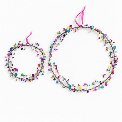 Décoration circulaire en fil de fer perlé multicolore faite à la main – Ornement rond vibrant à suspendre pour mariages, anniversaires et décoration intérieure (tailles 25 cm et 40 cm)