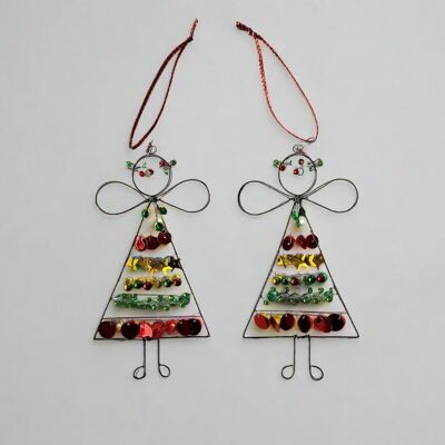 Lot de 2 décorations de Noël en fil de fer faites à la main – Perles et paillettes 12 cm