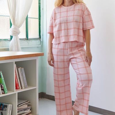 Pijama largo de algodón orgánico con diseño de gofres - Cuadros naranjas