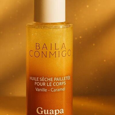 Huile sèche pailletée pour le corps – Vanille caramel