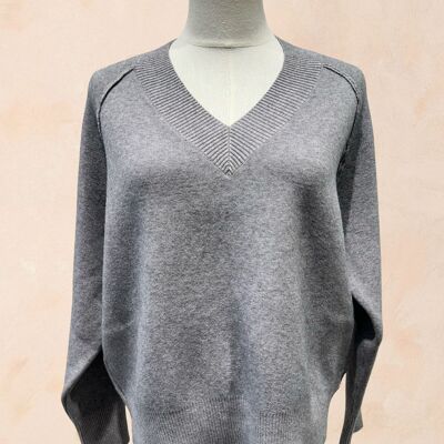Jersey de punto acanalado de manga larga con cuello en V - Viscosa - 1336