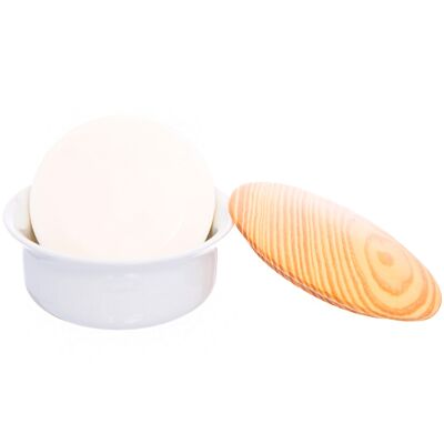 Jabonera y cubeta de afeitar en porcelana y tapa en haya blanca