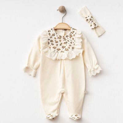 Conjunto de tres piezas de mono con volantes de leopardo y diadema (0-6 meses)