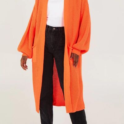 Cardigan tricoté mi-long surdimensionné à manches longues avec détails de poches en orange