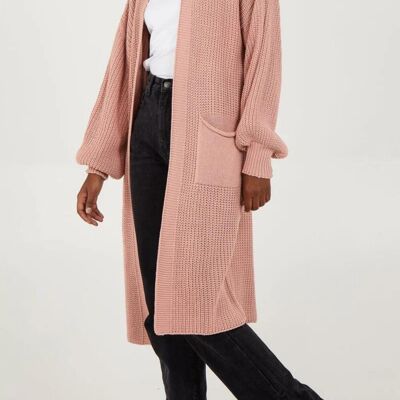 Cardigan tricoté mi-long surdimensionné à manches longues avec détails de poches en rose