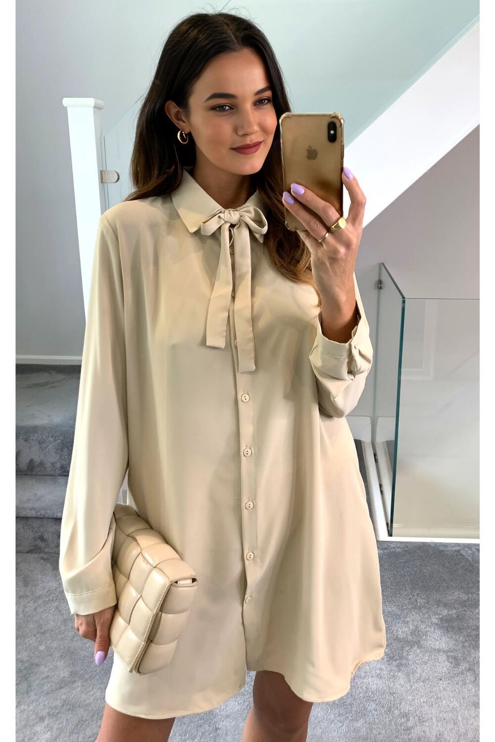 Tunique chemise oversize à manches longues et détails noués, beige