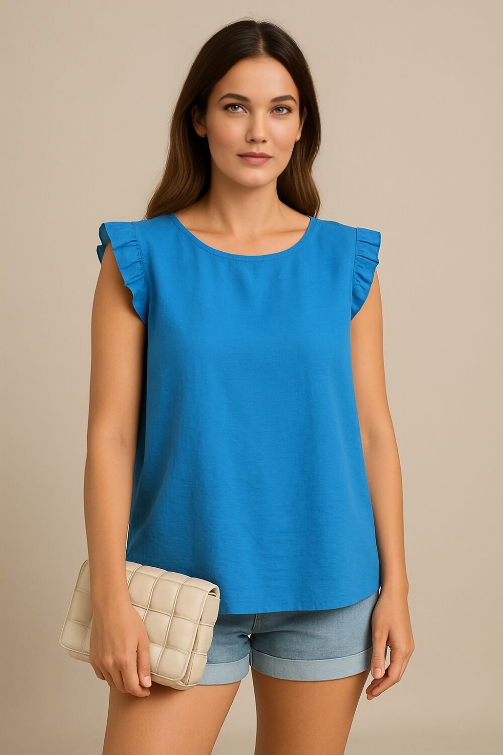 Chemisier bleu oversize à manches volantées et col rond