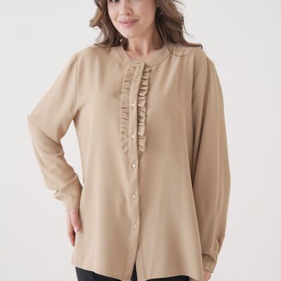 Blusa oversize a maniche lunghe con volant in beige