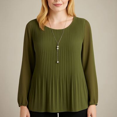 Top plissettato oversize a maniche lunghe con dettagli in tulle color cachi e collana