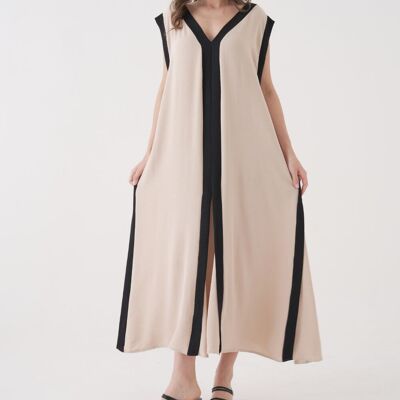 Vestido largo extragrande sin mangas con escote en V y bloques de color en beige y negro