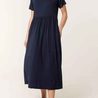 Vestido midi extragrande con cuello redondo y capas elásticas en azul marino