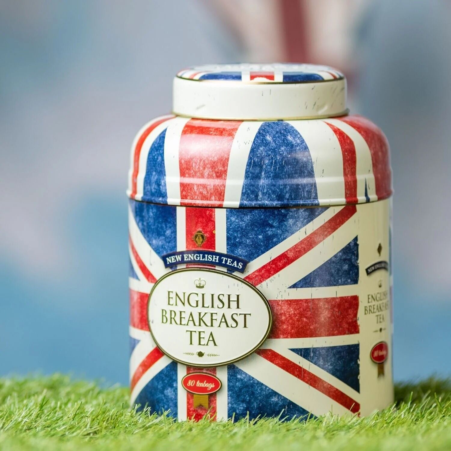 Scatola da tè rotonda Union Jack con 80 bustine di tè English Breakfast