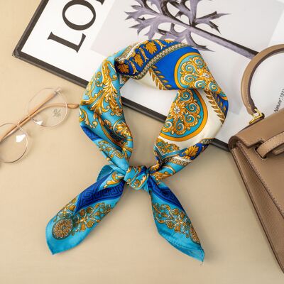 Foulard Carré Bleu royale Baroque effet Soie Chic 70x70