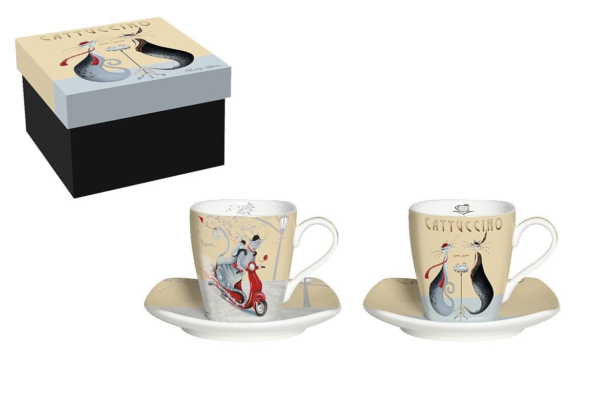 SET 2 TAZZE DA CAFFÈ + PIATTINI IN PORCELLANA – CATTUCCINO CATITUDES, M.ROBERTSON