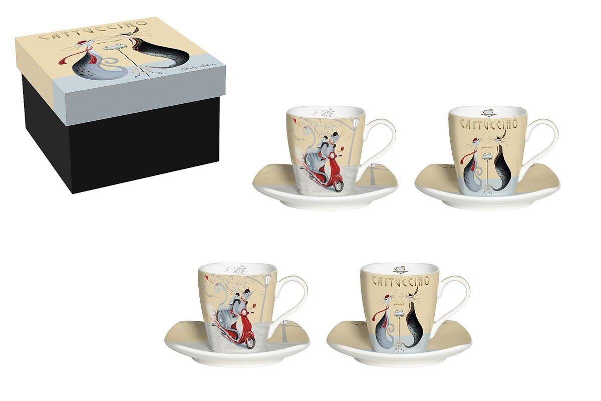 SET DI 4 TAZZE DA CAFFÈ + PIATTINI IN PORCELLANA – CATTUCCINO CATITUDES, M.ROBERTSON
