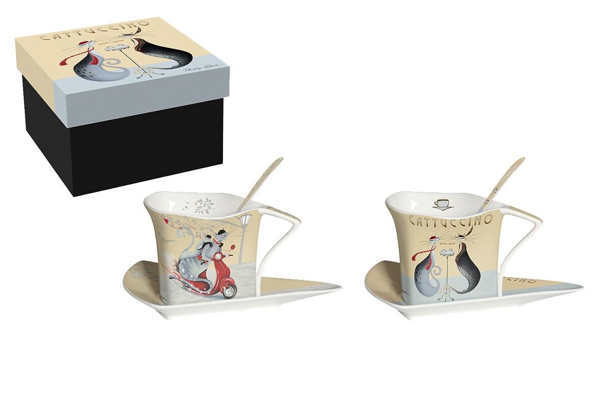 SET DI 2 TAZZE TRIANGOLARI + 2 PIATTINI + 2 CUCCHIAI IN PORCELLANA – CATTUCCINO CATITUDES, M.ROBERTSON