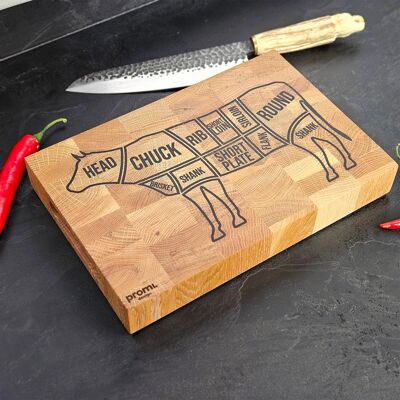 Planche à découper en chêne avec motif vache, idéale pour les barbecues, les steaks, la charcuterie et la cuisine au quotidien