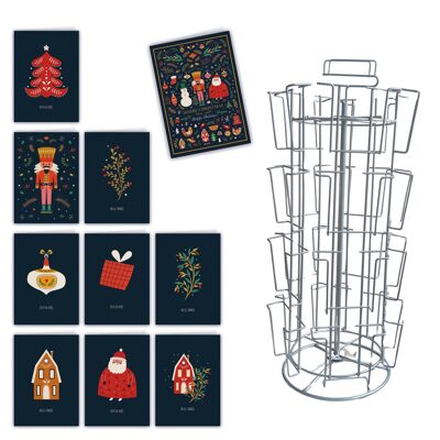 Lot de 100 cartes double «NOEL» + Présentoir pivotant de cartes pour comptoir