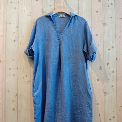 REF 88018 100% LINEN SHIRT COLLAR DRESS