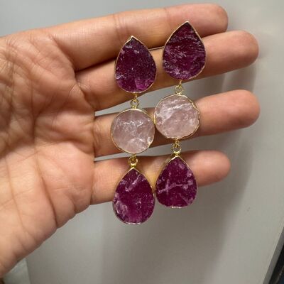 Boucles d'oreilles Mademoiselle Ed.Rubis rose brut et quartz rose en édition limitée