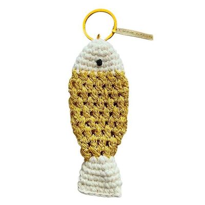 Llavero de pez sostenible dorado - Charm para bolso - Algodón orgánico y lurex - Hecho a mano en Nepal - Bolso