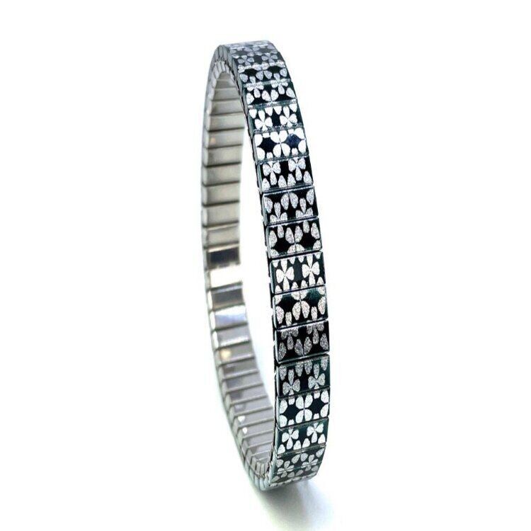 Stainless steel designer bracelet 6mm handmade in London - Stars Flowers classic black Metallic