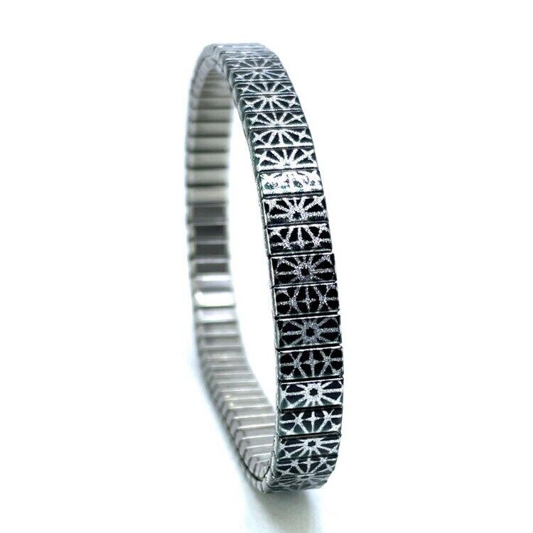 Stainless steel designer bracelet 6mm handmade in London - Stars Triangled black flowers Metallic
