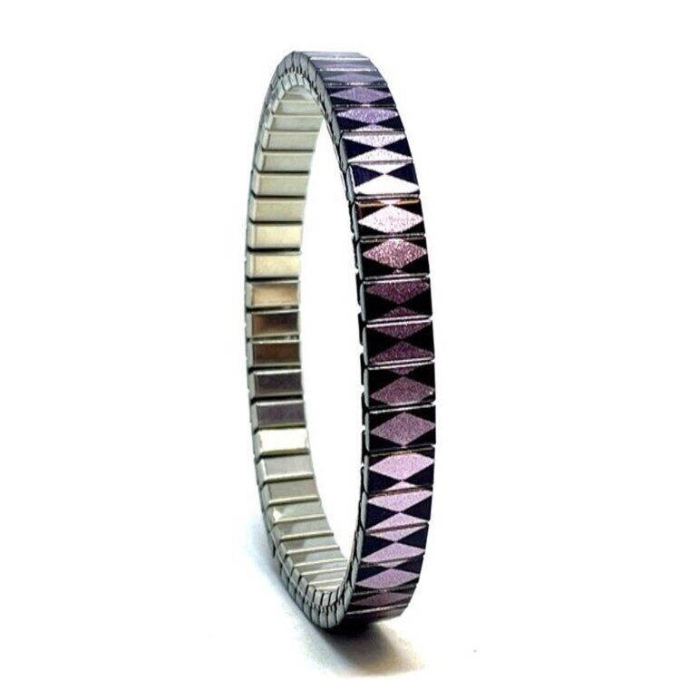 Stainless steel designer bracelet 6mm handmade in London - Checkers Simplicity purple harlequin Metallic