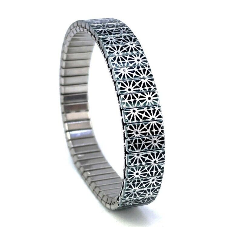 Stainless steel designer bracelet 10mm handmade in London - Stars Triangled black flowers Metallic