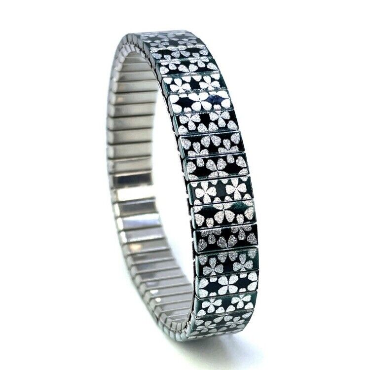 Stainless steel designer bracelet 10mm handmade in London - Stars Flowers classic black Metallic