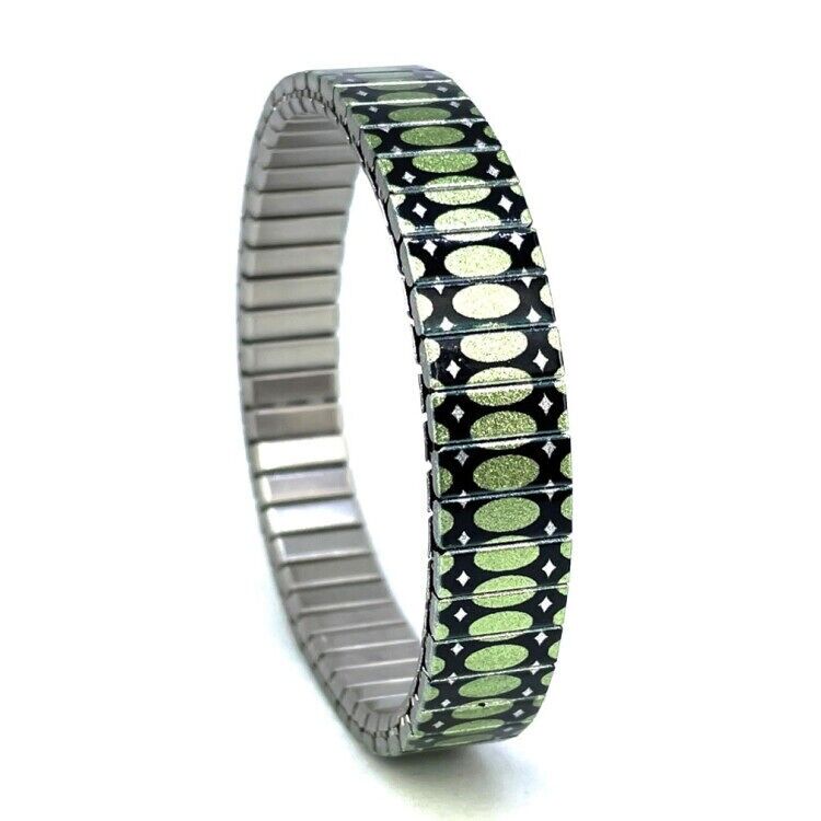 Stainless steel designer bracelet 10mm handmade in London - Ovals Stretched green Metallic