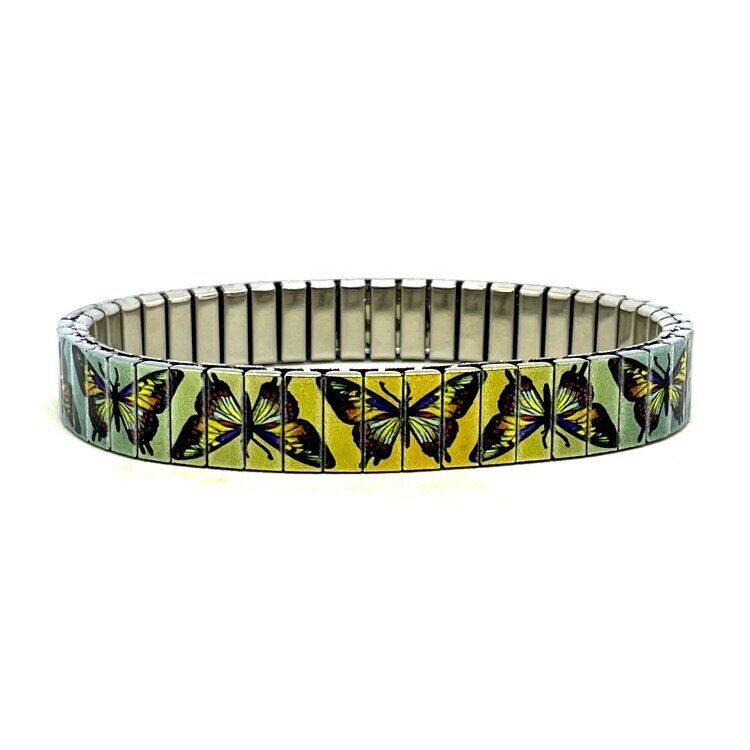 Stainless steel designer bracelet 10mm handmade in London - Cool Blossom butterflies golden green buzz Metallic