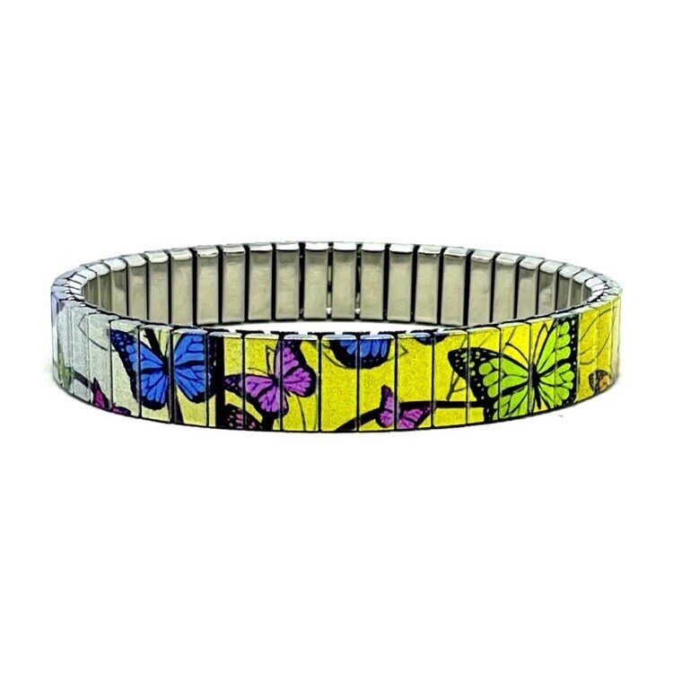 Stainless steel designer bracelet 10mm handmade in London - Cool Blossom butterflies golden sunet Metallic