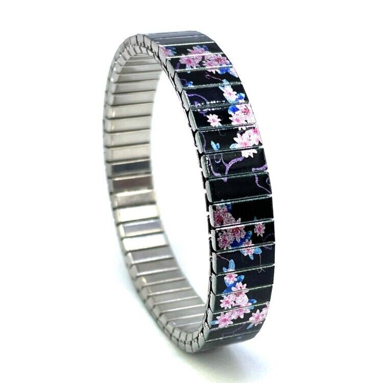 Stainless steel designer bracelet 10mm handmade in London - Cool Blossom blues Metallic