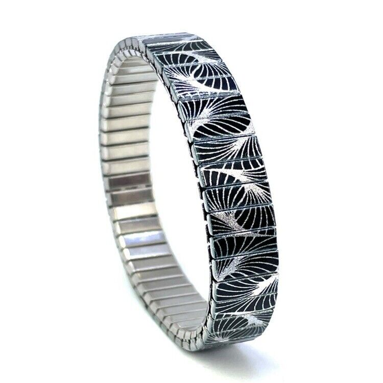 Stainless steel designer bracelet 10mm handmade in London - Circles Eclipse silver leaves Metallic