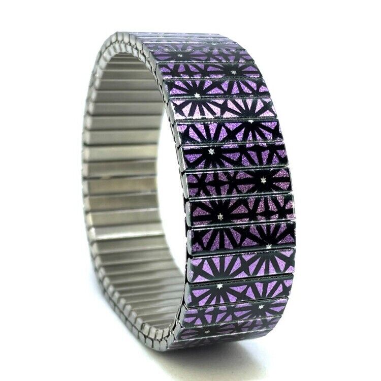 Stainless steel designer bracelet 18mm handmade in London - Stars Triangled purple flowers Metallic