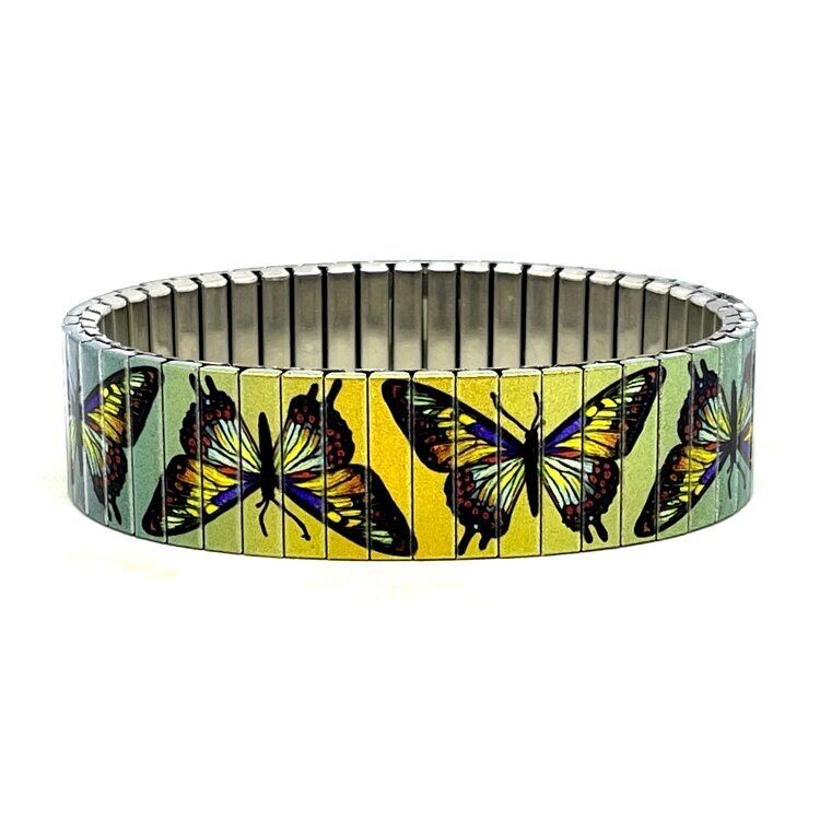 Stainless steel designer bracelet 18mm handmade in London - Cool Blossom butterflies golden green buzz Metallic