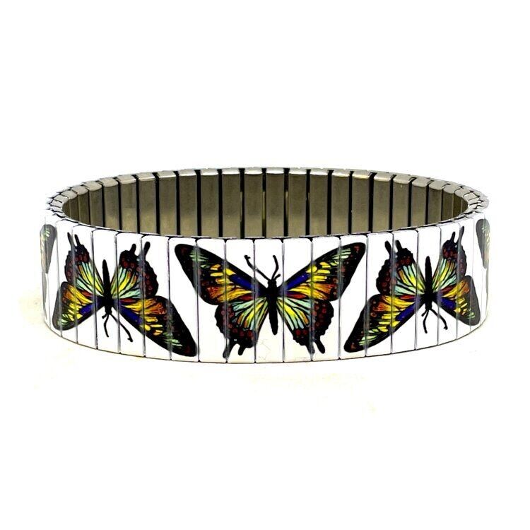Stainless steel designer bracelet 18mm handmade in London - Cool Blossom butterflies buzz