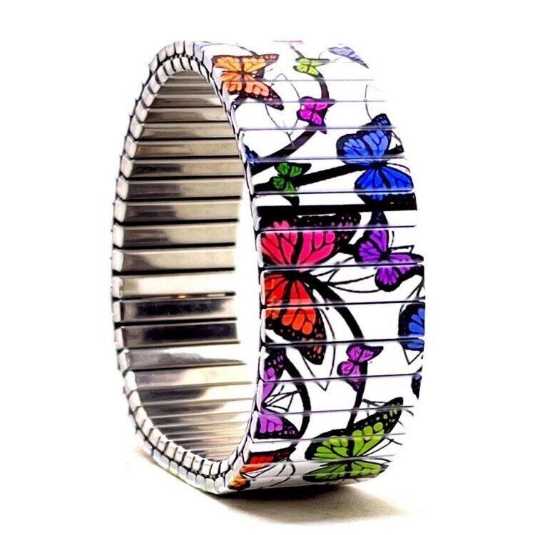 Stainless steel designer bracelet 18mm handmade in London - Cool Blossom butterflies fantasy
