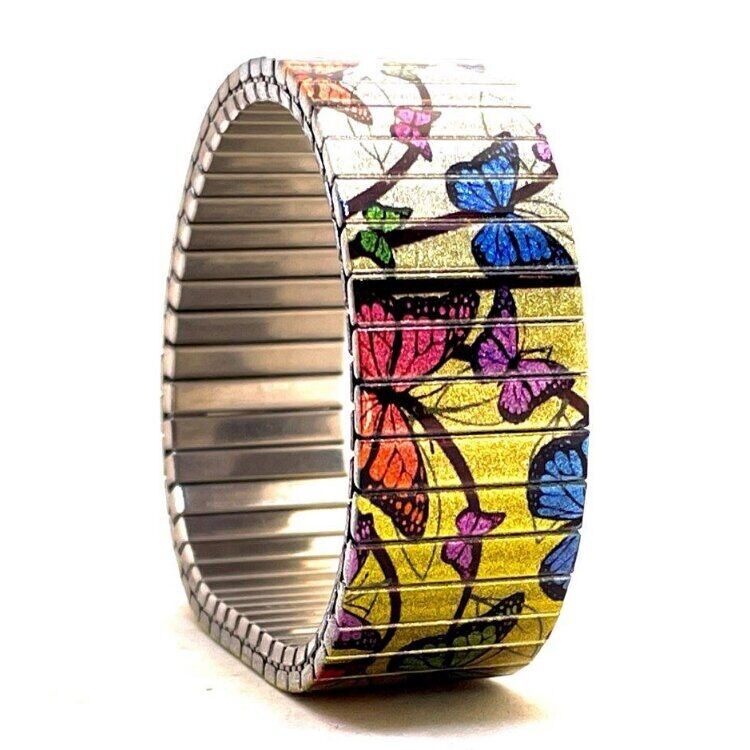 Stainless steel designer bracelet 18mm handmade in London - Cool Blossom butterflies golden sunset Metallic