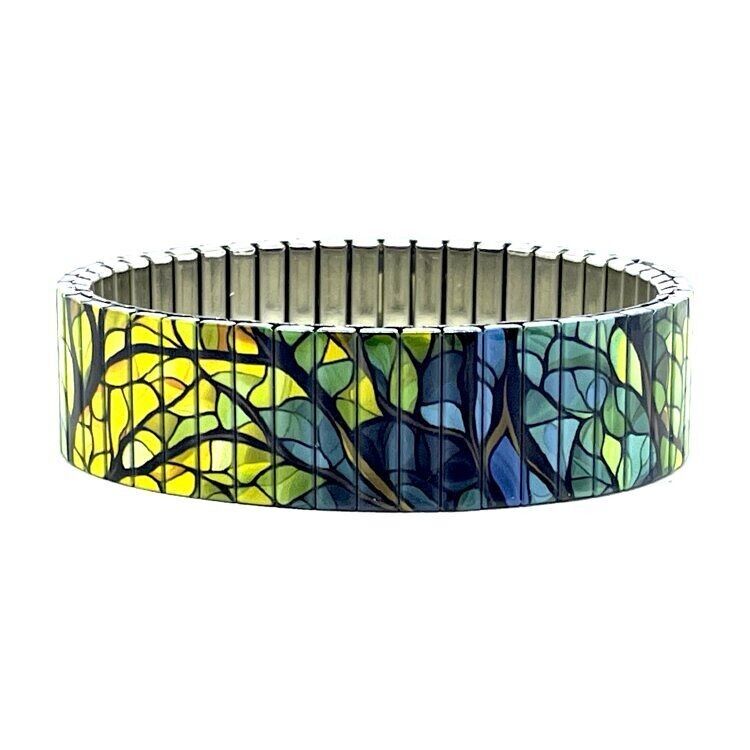Stainless steel designer bracelet 18mm handmade in London - Cool Blossom sunrise in the forest