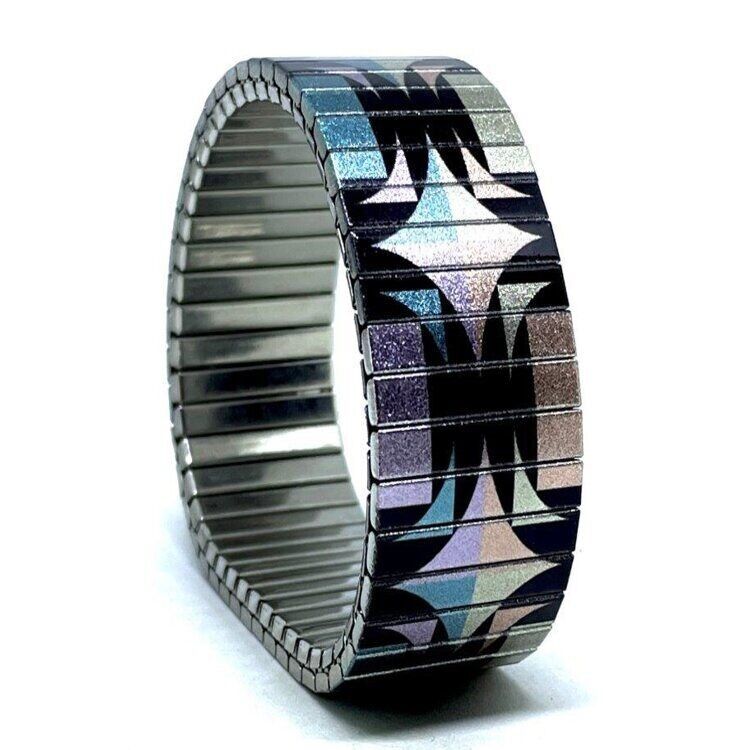 Stainless steel designer bracelet 18mm handmade in London - Circles Mandala cool kaleidoscope Metallic