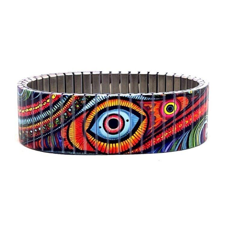 Stainless steel designer bracelet 18mm handmade in London - Checkers Orange evil eye