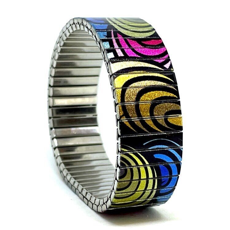 Bracciale di design in acciaio inossidabile da 18 mm fatto a mano a Londra - Checkers Kites psichedelica profonda metallizzata