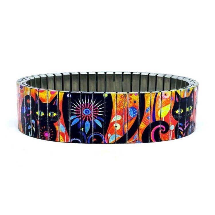 Pulsera de diseño de acero inoxidable de 18 mm, hecha a mano en Londres - Art Black Cats Metallic