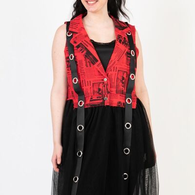 Gilet in denim bimateriale e tulle stampato rosso (C6515)