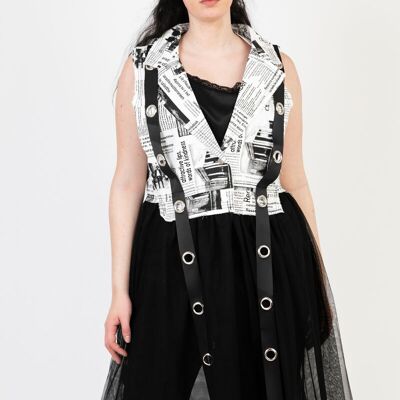 Gilet in denim bimateriale e tulle stampato bianco (C6515)
